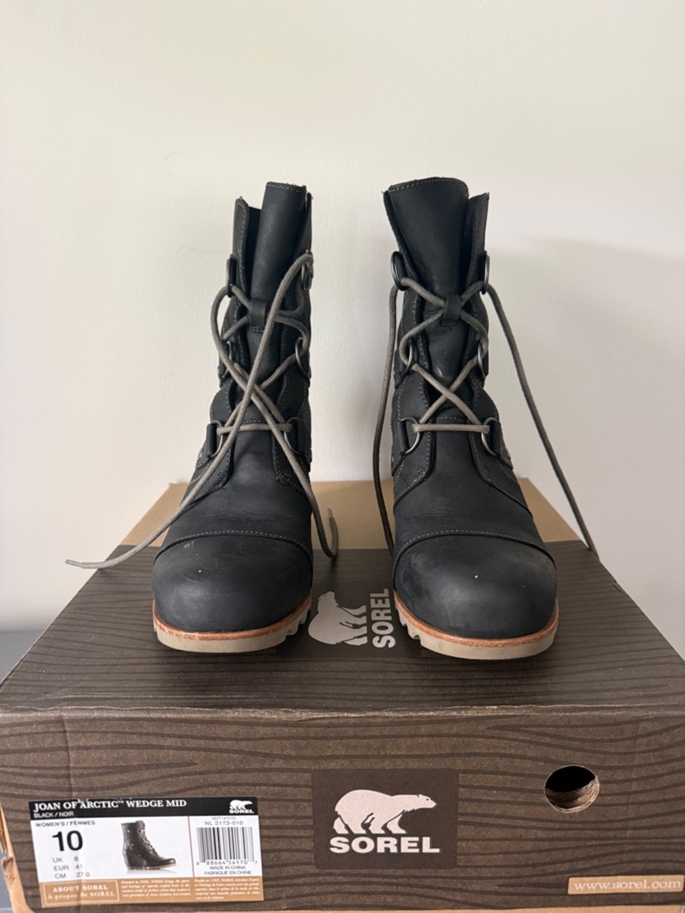Sorel Black Lace-Up Wedge Mid Boots with Tan Sole